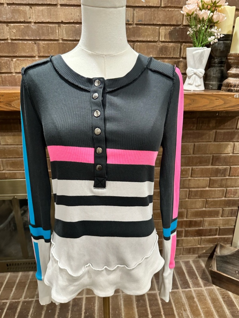 FP Movement Free People Cool Down Striped Henley Long Sleeve Top Large